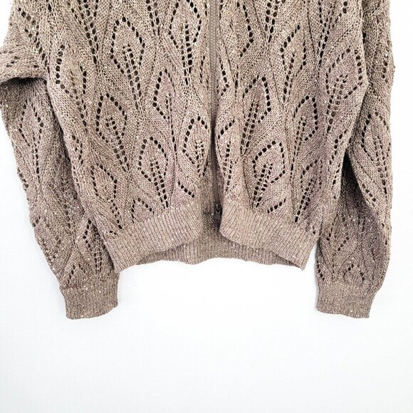 Brunello Cuccinelli Pailette Crochet Lace Bomber Cardigan in Tobacco Tan Large - Picture 6 of 12